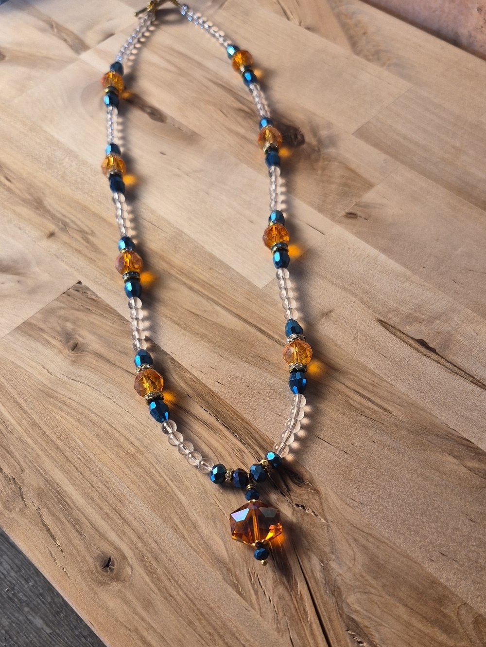 Hand Crafted Amber and Blue Crystal Pendant Necklace